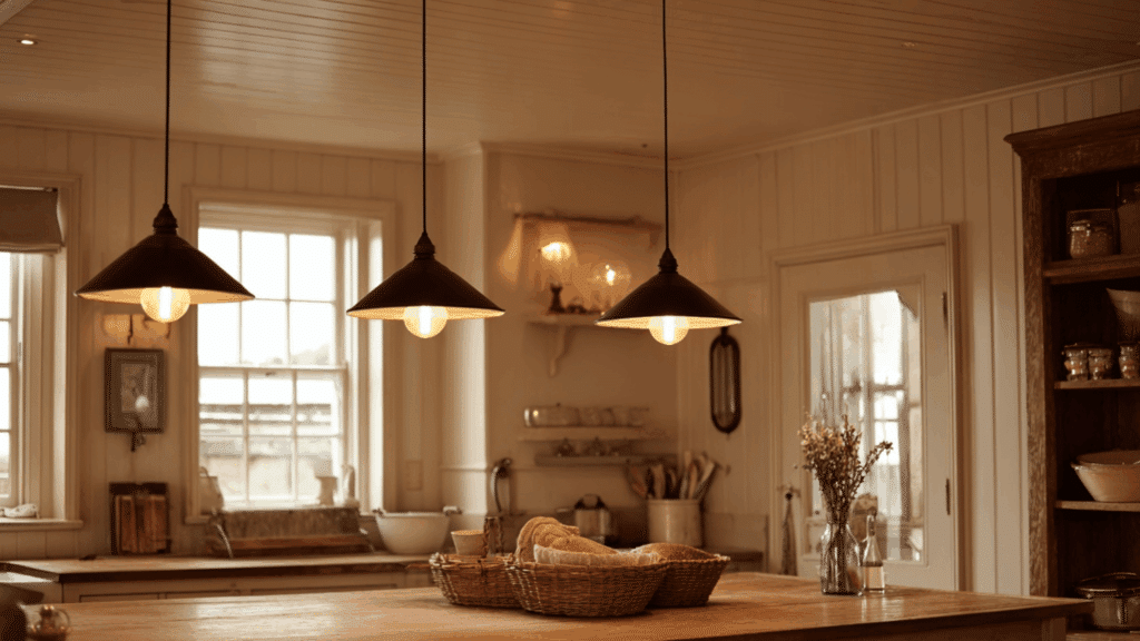 Cottage-style pendant lighting in a warm kitchen setting