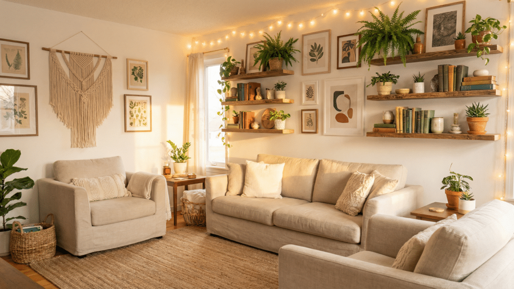 Cozy living room with various DIY wall decorations, including macrame, floating shelves, and framed art