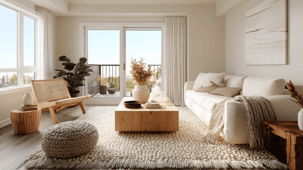 Cozy mid century modern living room with textured rug (1)