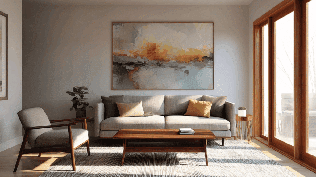 Cozy mid century modern living room with textured rug