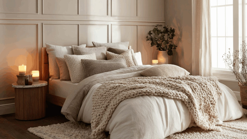 Cozy neutral bedroom with chunky knit throws and soft lighting