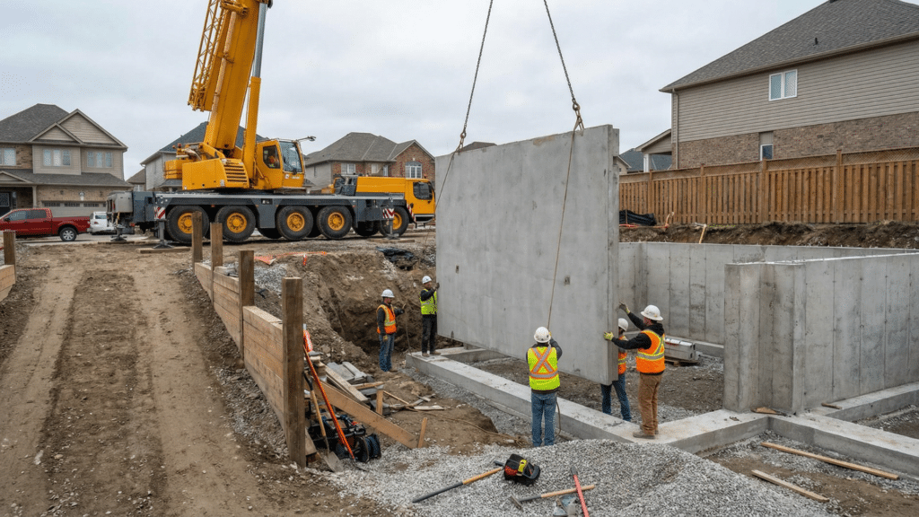 Crane installing precast concrete wall panel for basement foundation