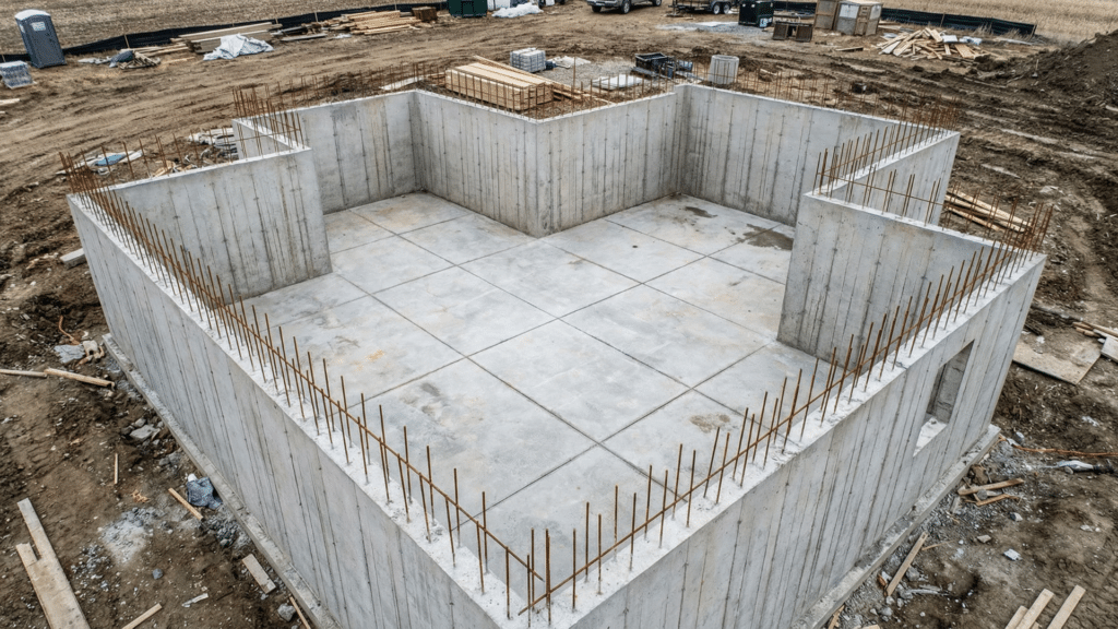 Cross-section of a house showing basement foundation, footing, and drainage system below ground