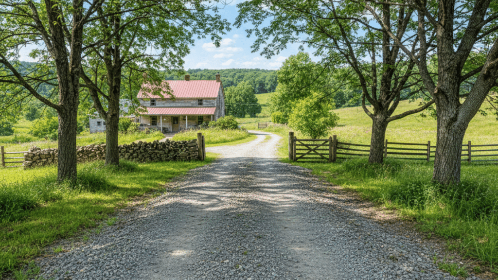 Crushed stone driveway in a rural area with trees around