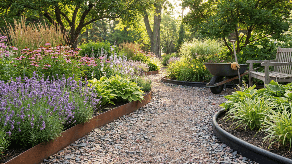 Crushed stone garden path with edging and garden plants on both sides