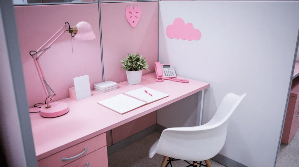 Cubicle decorated with a pink and white color theme