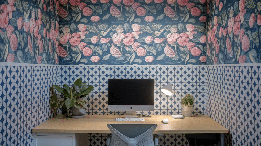 Cubicle with peel and stick wallpaper decor