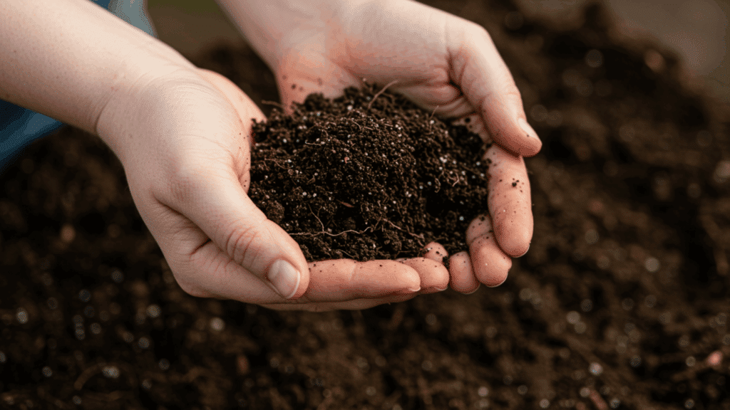 Cupped hands holding rich, dark potting soil with white perlite flecks against a blurred background of loose earth.