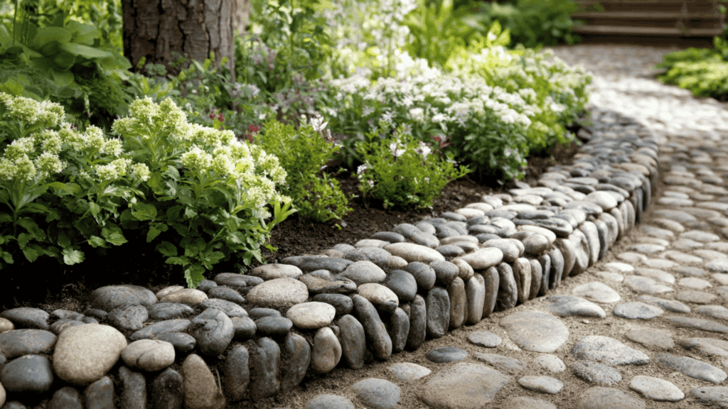 Curved cobblestone edging for organic garden design