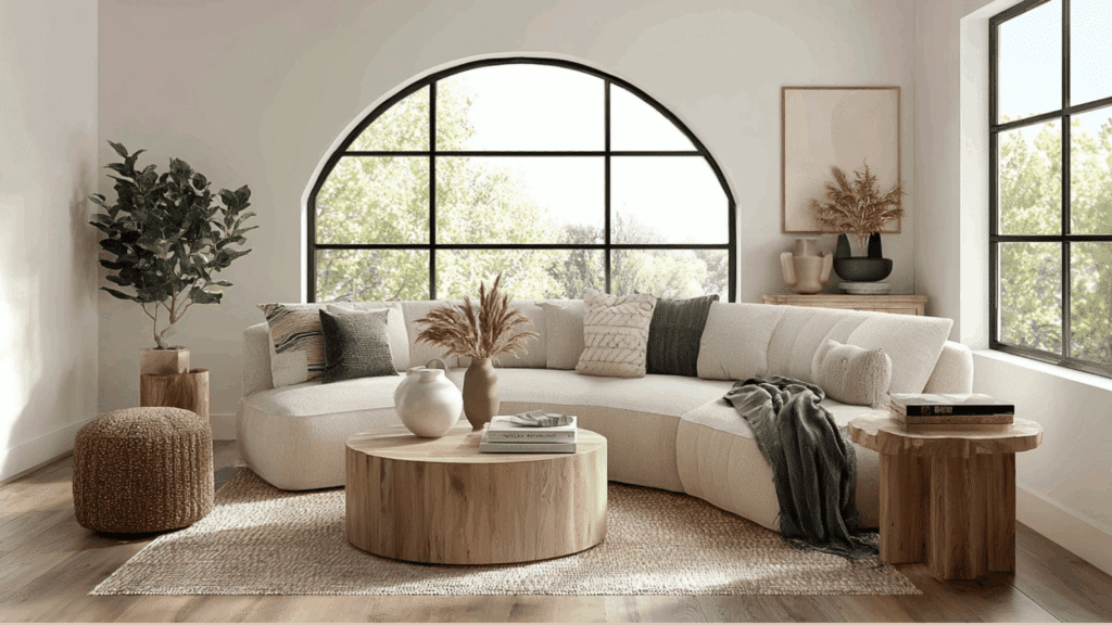 Curved sofa in a warm organic modern living room with soft neutral styling