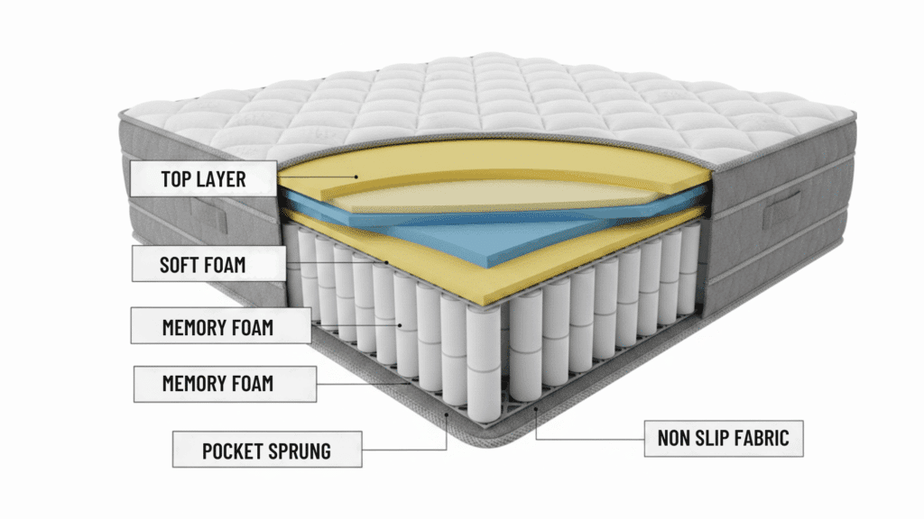 Cutaway diagram illustrating a hybrid mattress construction