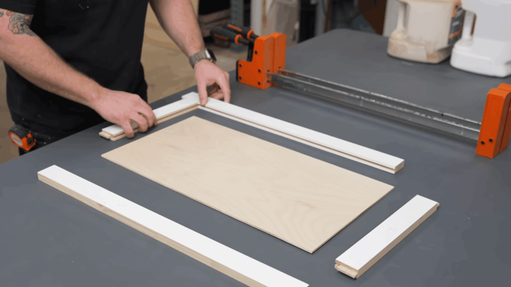 Cutting rails, stiles, and plywood center panel pieces for shaker cabinet door