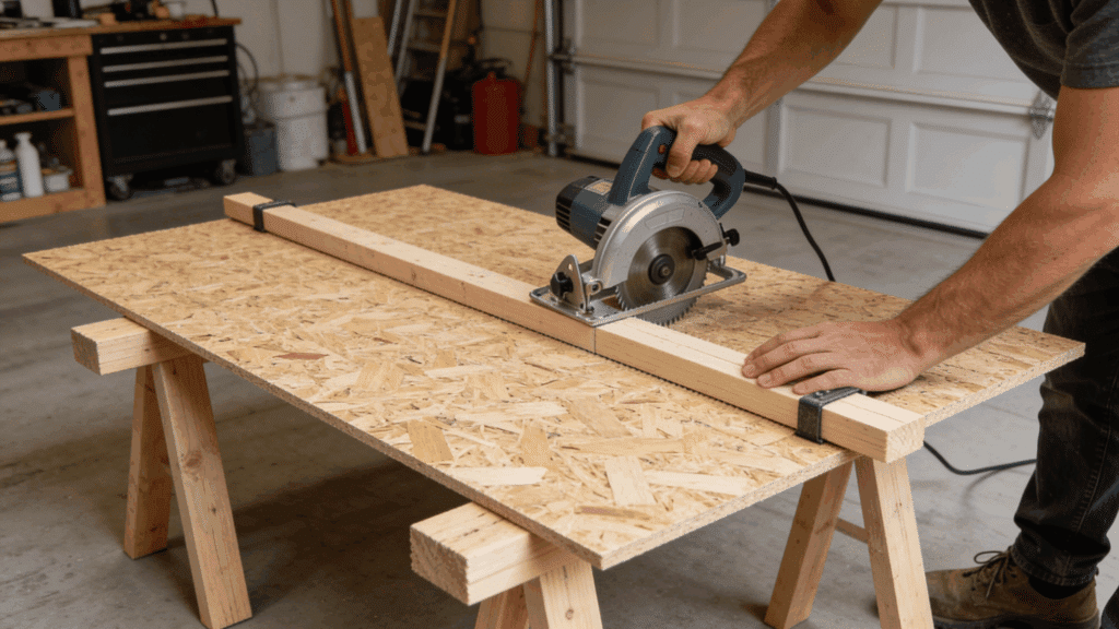 Cutting stacked 2x4 boards with circular saw in garage workspace (1)