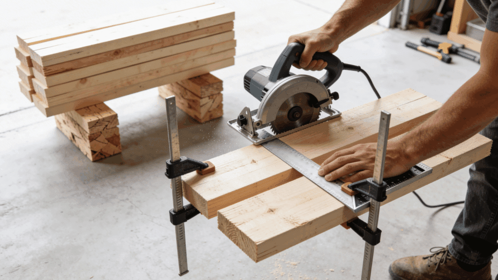 Cutting stacked 2x4 boards with circular saw in garage workspace