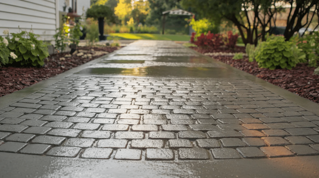 DIY concrete path with repeating cobblestone shapes made from a plastic mold