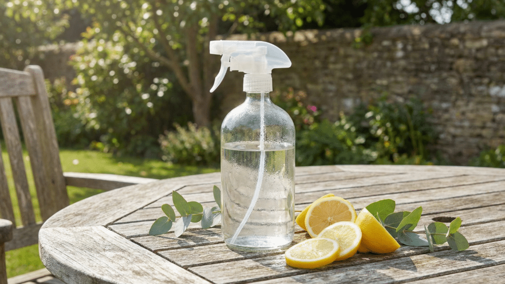 DIY lemon eucalyptus mosquito repellent spray in a clear bottle