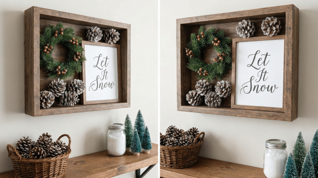 DIY seasonal wall frame decorated with winter themed items for easy switching