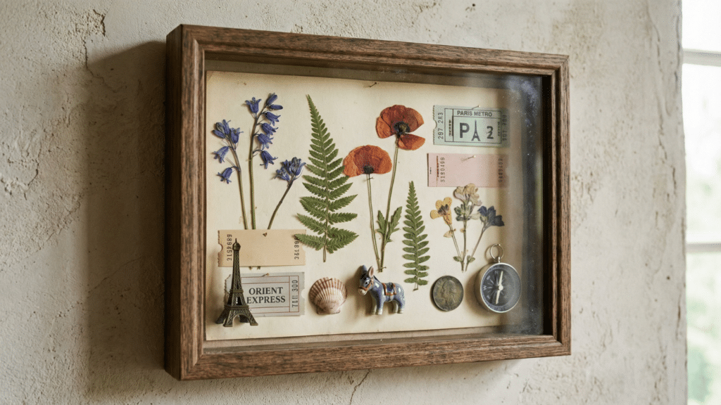 DIY shadow box displaying personal keepsakes like flowers and travel mementos