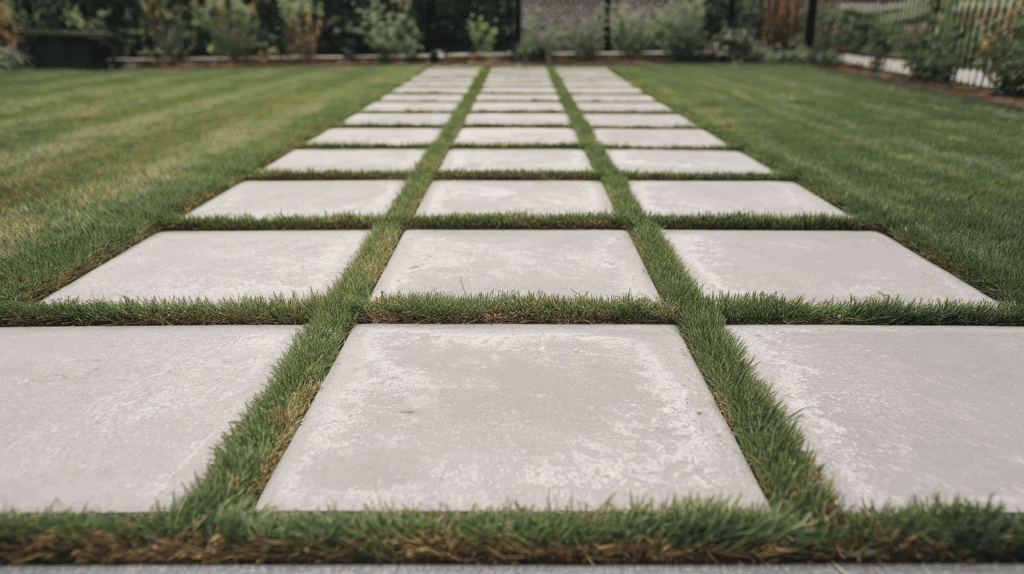DIY square concrete slabs spaced out evenly in a grassy yard