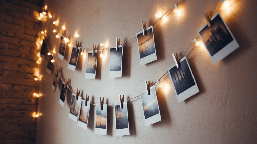 DIY string light photo wall with clipped photos creating a soft glowing display