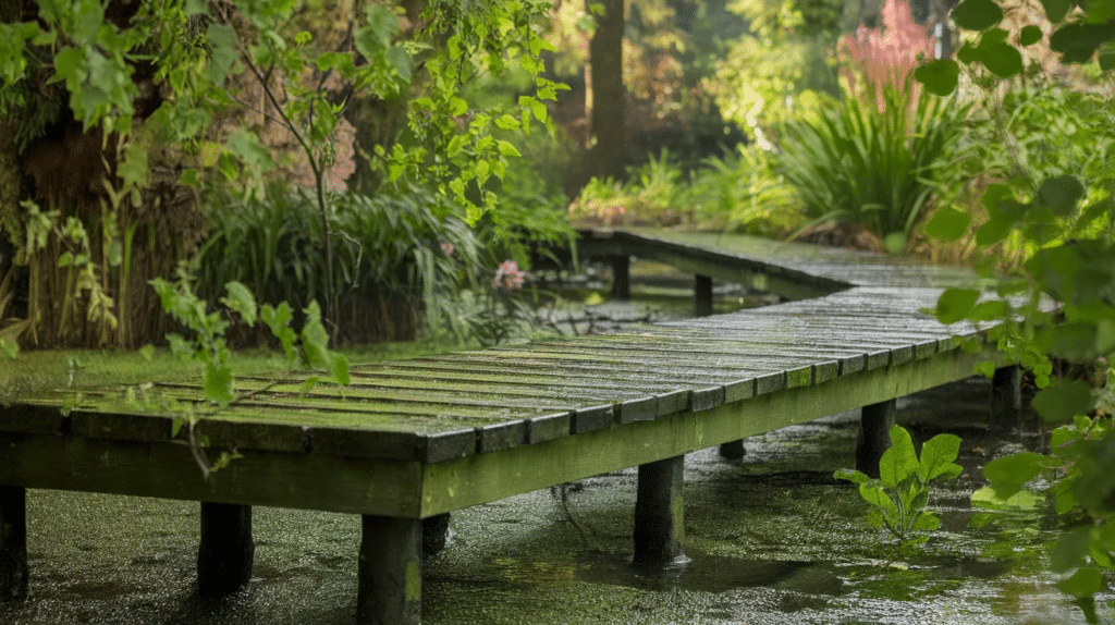 DIY wooden boardwalk path raised above damp ground in a garden