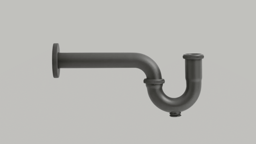 Dark gray metal P-trap plumbing fixture shown against a light gray background
