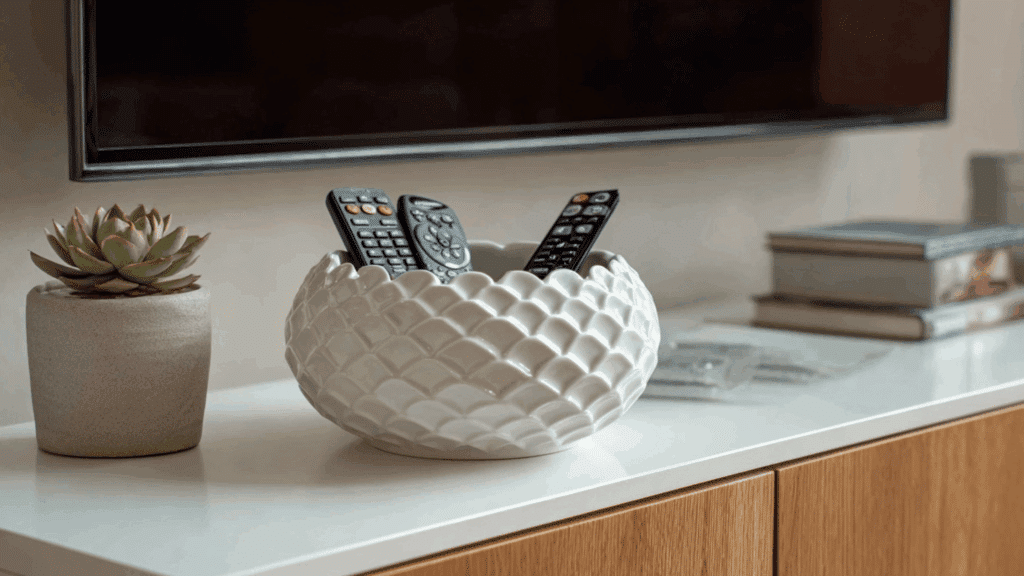 Decorative bowl organizer for remotes on a clutter-free TV stand.