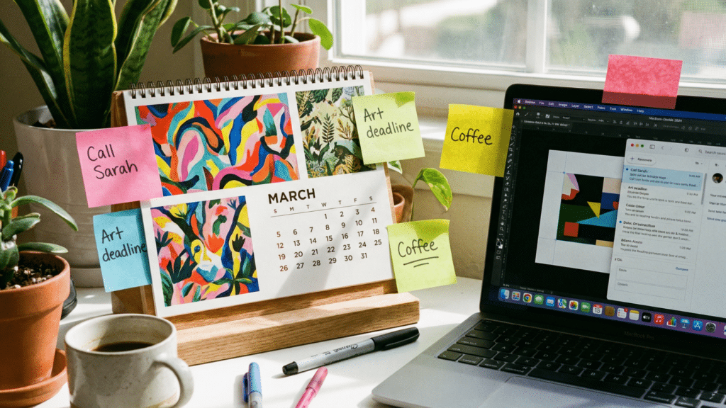 Decorative desk calendar on an office desk