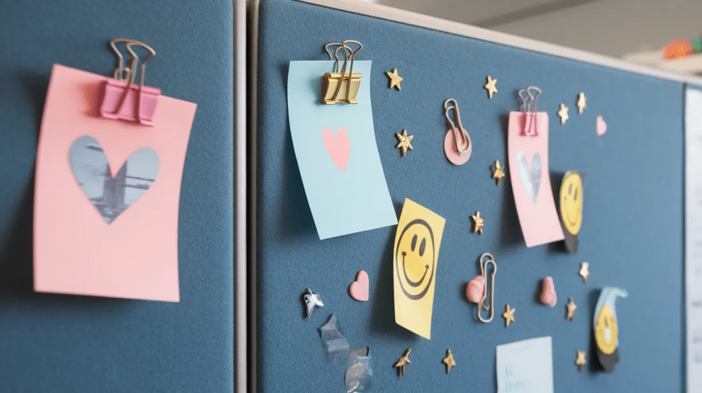Decorative magnets and clips on cubicle walls