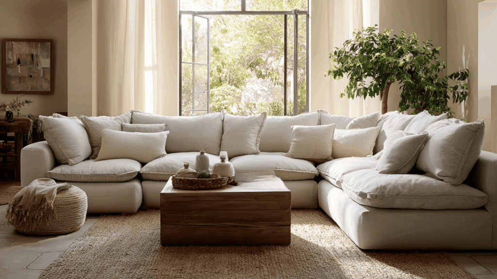 Deep pit sectional sofa with extra-deep seats in a cozy media room.