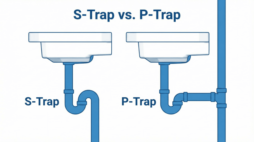Diagram comparing the plumbing configurations of an S-Trap drain versus a P-Trap drain connected to a sink basin