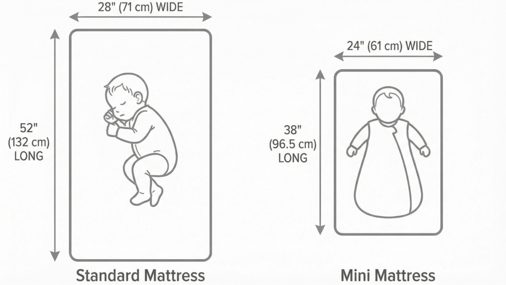 Diagram of Standard crib mattress next to mini crib mattress showing size difference