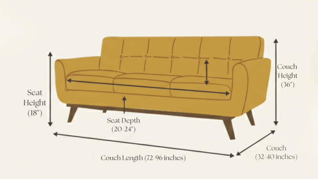 Diagram of standard couch dimensions including 18-inch seat height, 20-24 inch seat depth, 72-96 inch couch length, 36-inch couch height, and 32-40 inch couch depth.