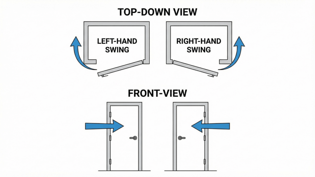 Diagram showing left-hand and right-hand prehung door swing directions