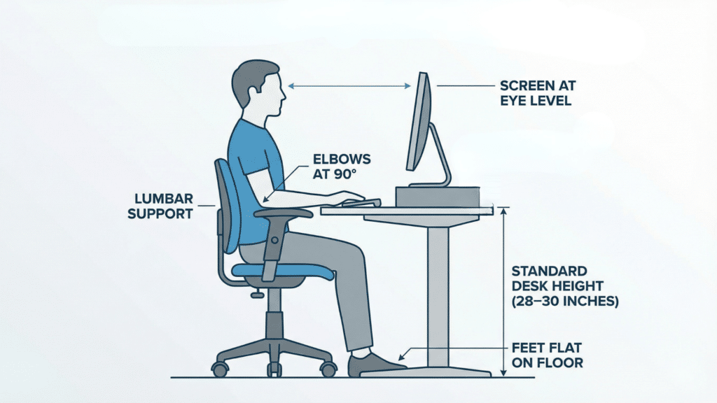 Diagram showing standard desk height of 28 to 30 inches with proper seated posture