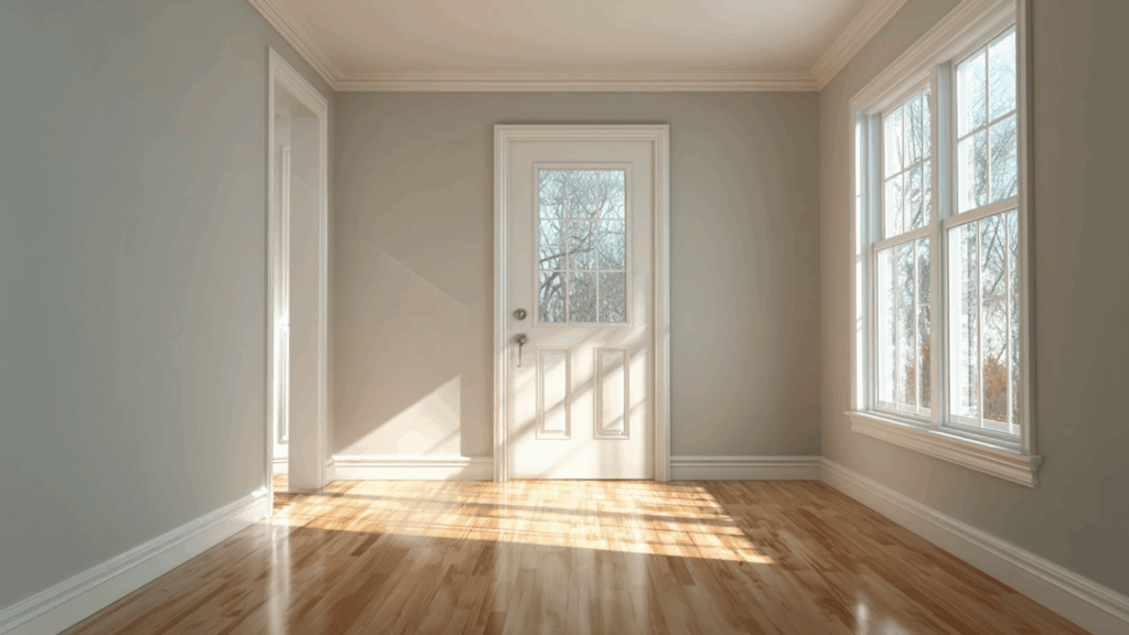 Different paint sheens shown on walls, trim, ceiling, and door in one room.