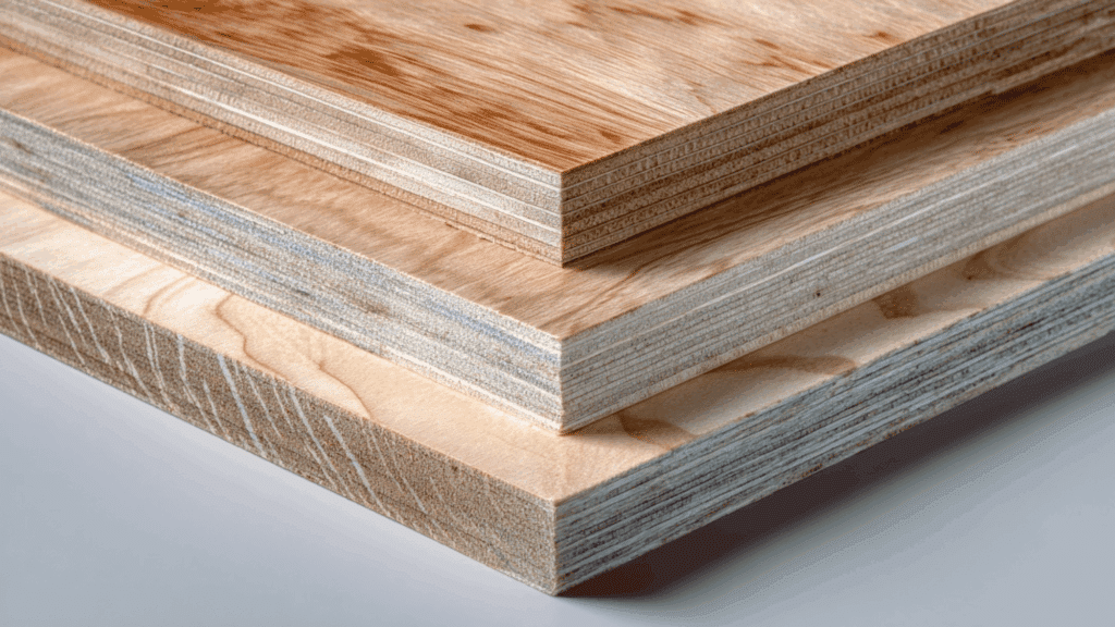 Different wood type plywood sheets showing hardwood, softwood, and birch textures
