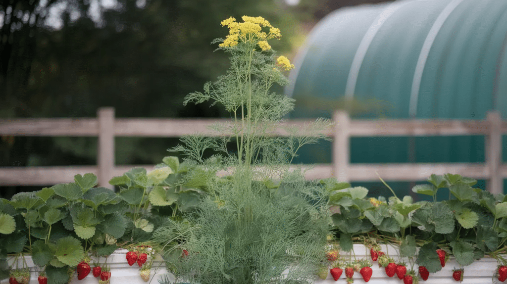 Dill plant growing behind strawberries in a garden.