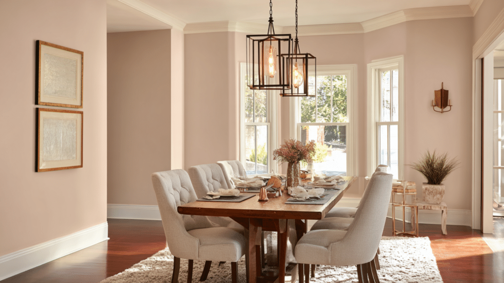 Dining room with Sashay Sand SW 6051 walls with olid wood dining table and upholstered dining chairs