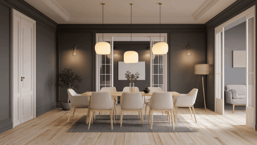 Dining room with charcoal walls and warm cream trim.