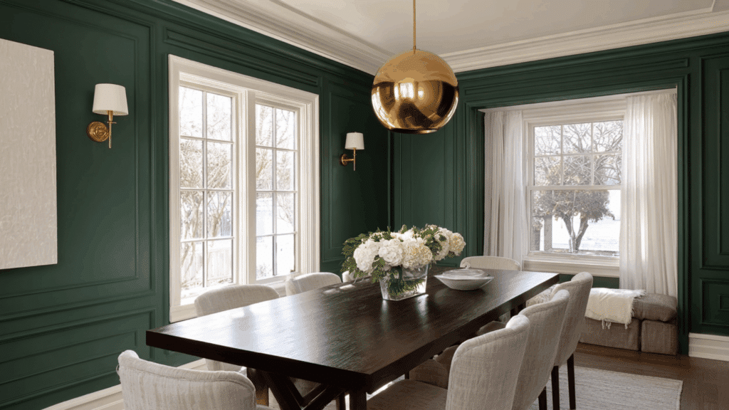 Dining room with forest green walls and pearl white trim.