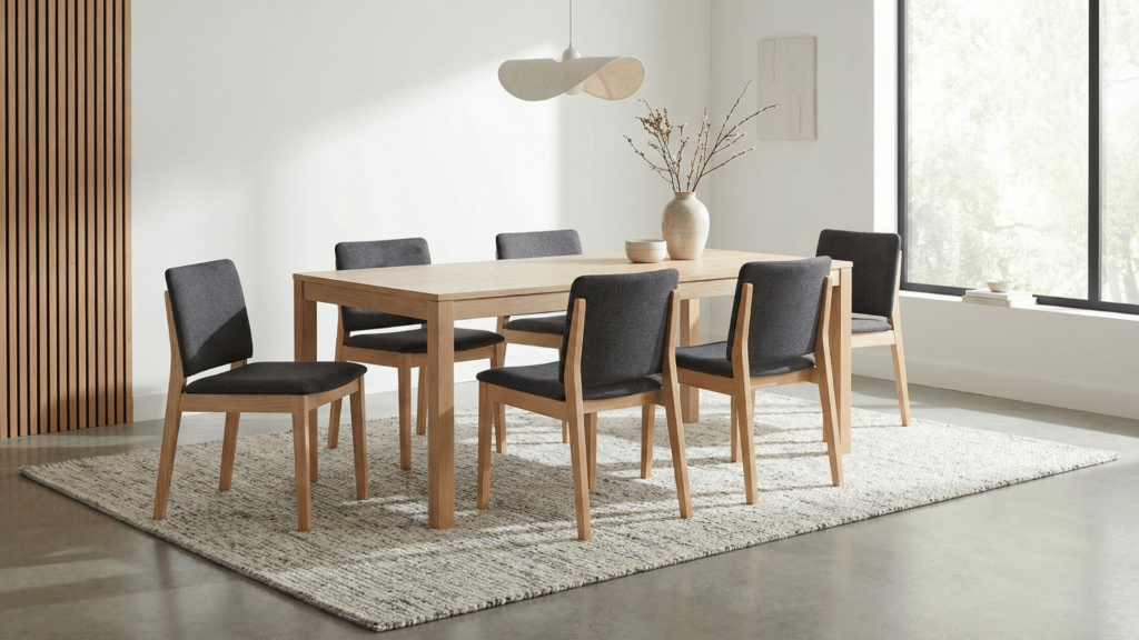 Dining table and chairs placed fully on an 8 x 10 rug