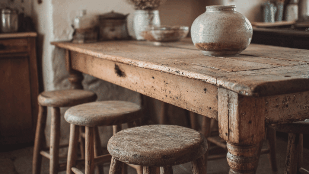 Distressed wood furniture in a rustic cottage kitchen