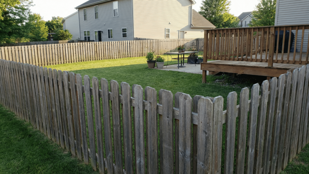 Dog-ear wooden privacy fence with angled tops on each board
