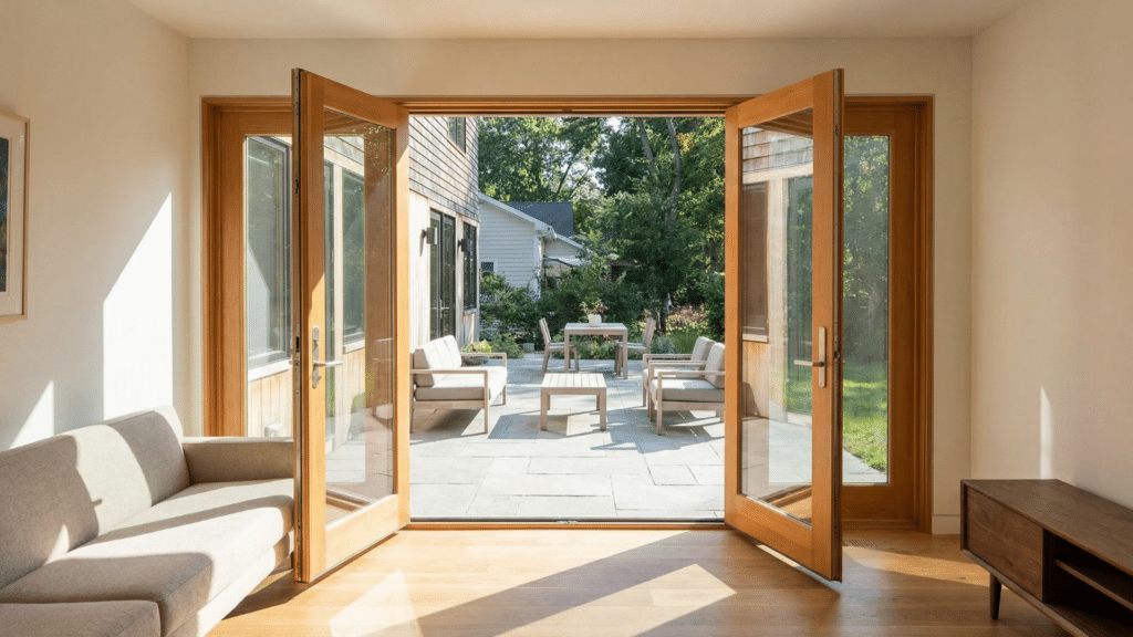 Double prehung French doors with glass panels leading to a patio
