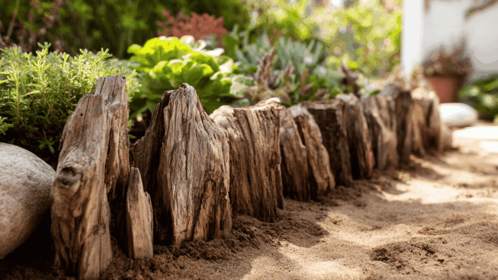 Driftwood edging creating a natural rustic garden border