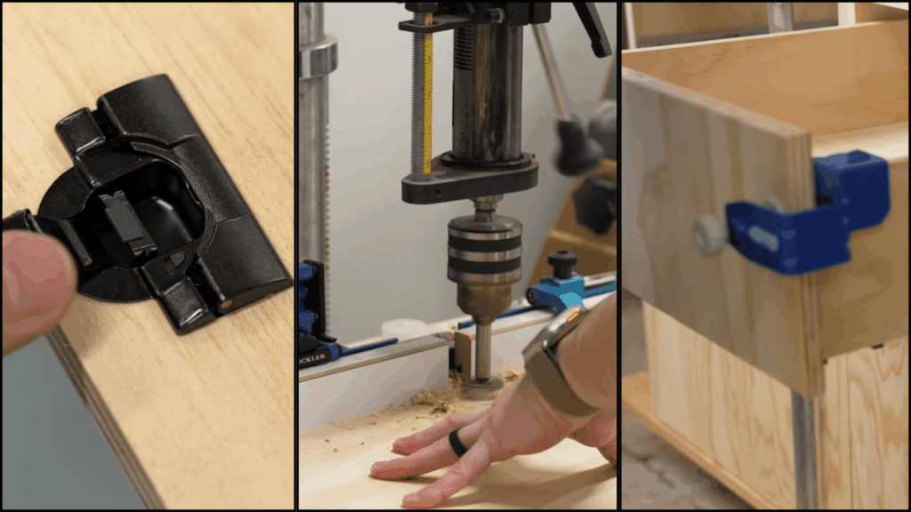 Drilling concealed hinge cups and installing shaker cabinet doors on cabinets