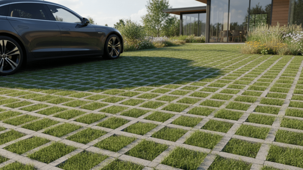 Driveway with grass growing in concrete pavers for a green, eco-friendly look