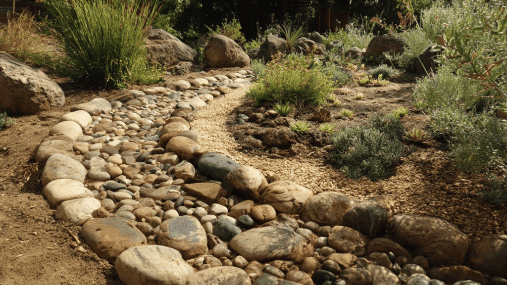 Dry creek bed used as natural landscape edging