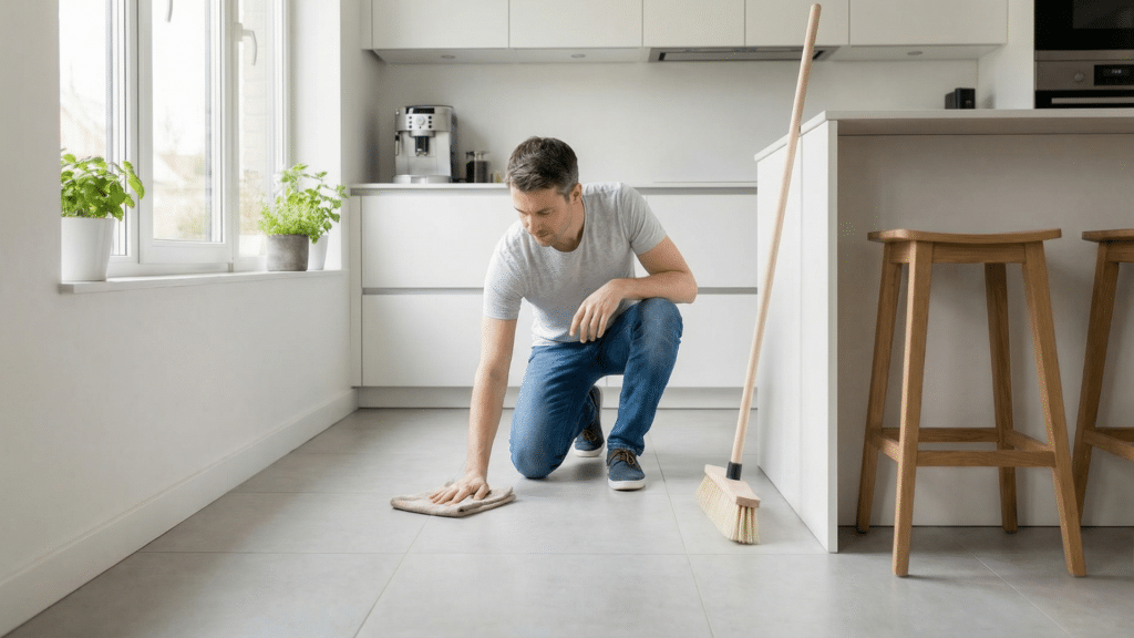 Drying clean ceramic tile floor with microfiber towel to prevent streaks and protect grout lines